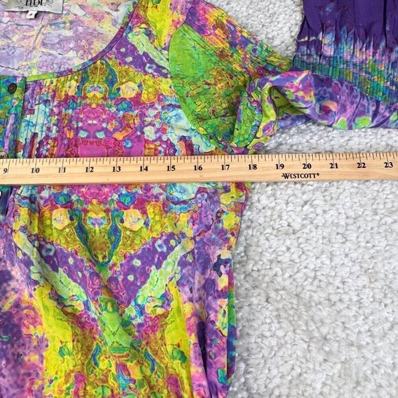 Tibi Silk Half Button Watercolor Dress Tie Waist Purple Green - Picture 10 of 11